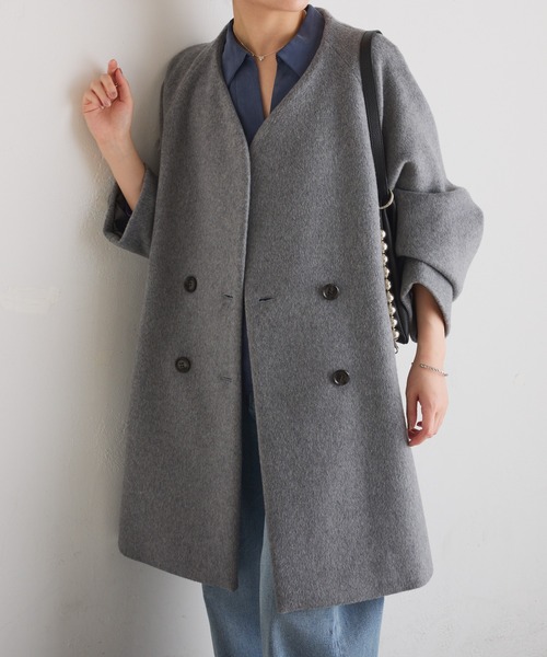 COLLAGE GALLARDAGALANTE（コラージュガリャルダガランテ）の「ノーカラーダブルコート（その他アウター・レディース・ブラック/ピンク/グレー・FREE）」の2枚目の写真