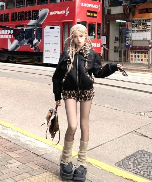 セール】【上下2点セット】ヒョウ柄フェイクファー襟ブルゾン＋ヒョウ