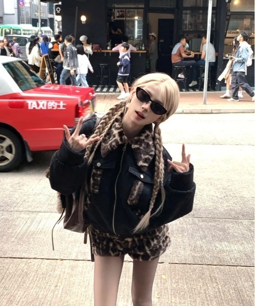 セール】【上下2点セット】ヒョウ柄フェイクファー襟ブルゾン+ セール】【上下2点セット】ヒョウ柄フェイクファー襟ブルゾン+