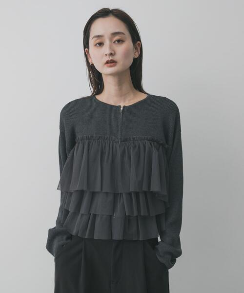 SENSE OF PLACE by URBAN RESEARCH（センスオブプレイスバイアーバンリサーチ）の「『洗濯可』ダブルジップフリルニットカーディガン（ニット/セーター・レディース・ライトブルー/チャコールグレー/オフホワイト/ブラウン/ベージュ/ブラック系その他・ONE）」の7枚目の写真