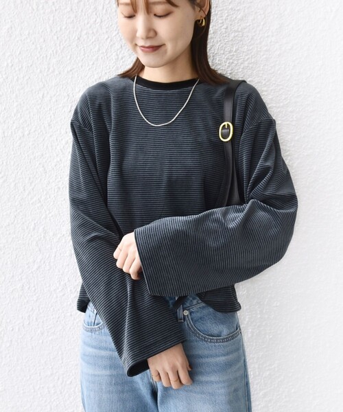 SHIPS（シップス）の「〈手洗い可能〉コットン ポリエステル ベロア ワイド スリーブ ボーダー（Tシャツ/カットソー・レディース・ブラウン/ネイビー・ONE SIZE）」の2枚目の写真