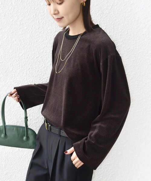SHIPS（シップス）の「〈手洗い可能〉コットン ポリエステル ベロア ワイド スリーブ ボーダー（Tシャツ/カットソー・レディース・ブラウン/ネイビー・ONE SIZE）」の16枚目の写真