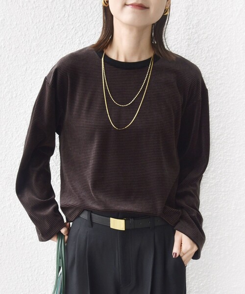 SHIPS（シップス）の「〈手洗い可能〉コットン ポリエステル ベロア ワイド スリーブ ボーダー（Tシャツ/カットソー・レディース・ブラウン/ネイビー・ONE SIZE）」の19枚目の写真