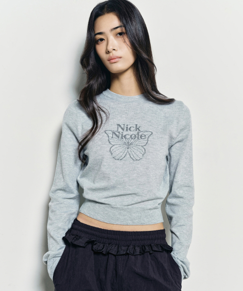 NICK&NICOLE(ニックアンドニコール)の「MINI BUTTERFLY SIGNATURE SLEEVE KNIT_GRAY(ニット/セーター・レディース・その他・FREE)」の1枚目の写真
