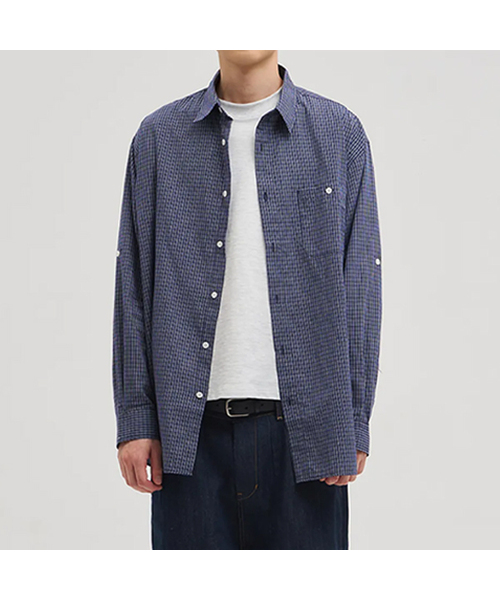 XERO(ゼロ)の「マルチギンガムロールアップシャツ(シャツ/ブラウス・レディース・アイボリー/ネイビー・MEDIUM/LARGE)」の2枚目の写真
