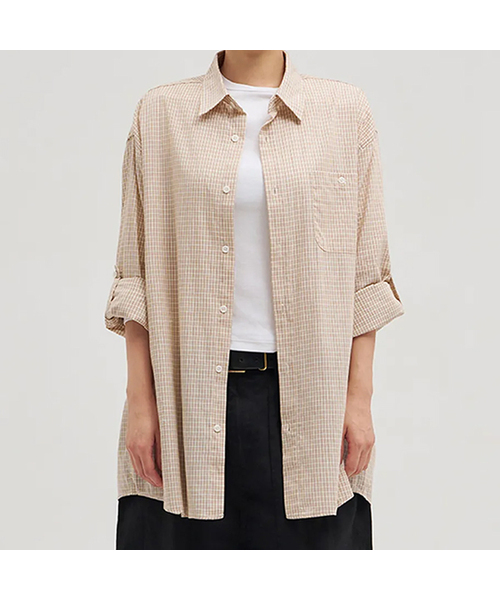 XERO(ゼロ)の「マルチギンガムロールアップシャツ(シャツ/ブラウス・レディース・アイボリー/ネイビー・MEDIUM/LARGE)」の1枚目の写真
