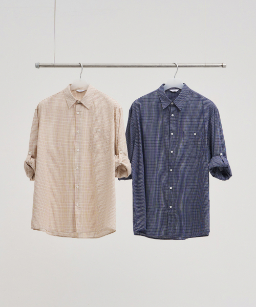 XERO(ゼロ)の「マルチギンガムロールアップシャツ(シャツ/ブラウス・レディース・アイボリー/ネイビー・MEDIUM/LARGE)」の4枚目の写真