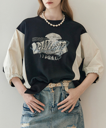 レタリング刺繍カラーブロックTシャツ
