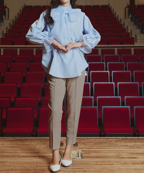 Callarus(カラルス)の「<単品>前後2WAYオーガンジーリボン付き袖フリルブロードブラウス〔Callarus〕(シャツ/ブラウス・レディース・サックスブルー/ブラック/オフホワイト・S/M/L/LL/3L)」の14枚目の写真