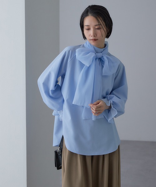 Callarus(カラルス)の「<単品>前後2WAYオーガンジーリボン付き袖フリルブロードブラウス〔Callarus〕(シャツ/ブラウス・レディース・サックスブルー/ブラック/オフホワイト・S/M/L/LL/3L)」の6枚目の写真