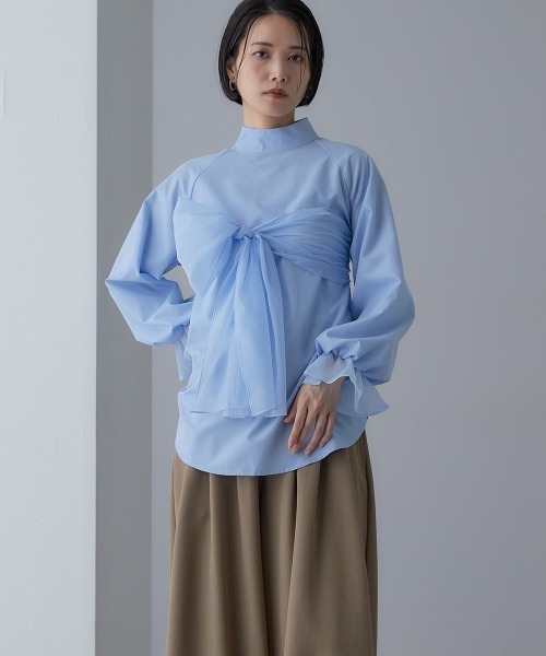 Callarus(カラルス)の「<単品>前後2WAYオーガンジーリボン付き袖フリルブロードブラウス〔Callarus〕(シャツ/ブラウス・レディース・サックスブルー/ブラック/オフホワイト・S/M/L/LL/3L)」の7枚目の写真