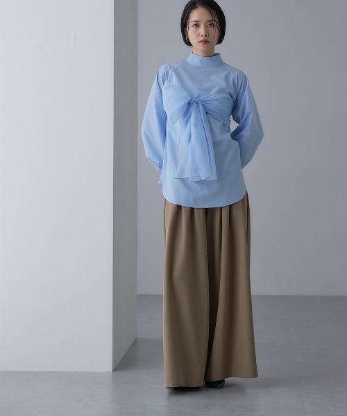 Callarus(カラルス)の「<単品>前後2WAYオーガンジーリボン付き袖フリルブロードブラウス〔Callarus〕(シャツ/ブラウス・レディース・サックスブルー/ブラック/オフホワイト・S/M/L/LL/3L)」の8枚目の写真