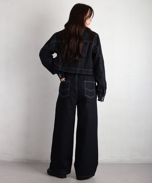 WESTSEA（ウエストシー）の「ショート丈 デニムジャケット ＆ ワイトシルエット デニムパンツ セットアップ（セットアップ・レディース・ネイビー・FREE）」の4枚目の写真