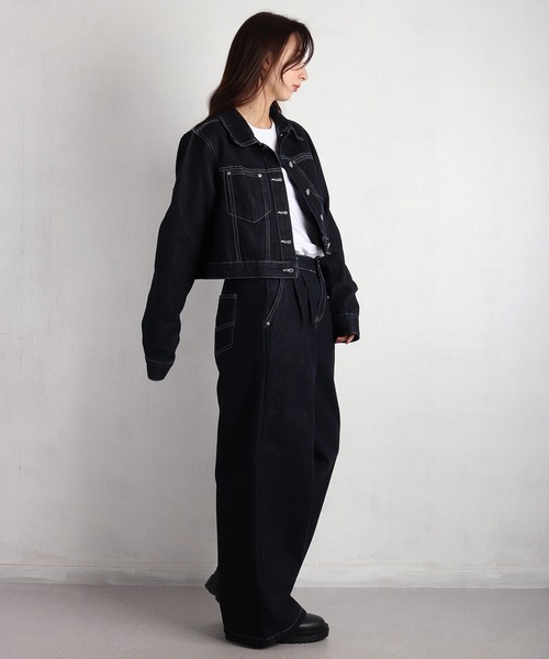 WESTSEA（ウエストシー）の「ショート丈 デニムジャケット ＆ ワイトシルエット デニムパンツ セットアップ（セットアップ・レディース・ネイビー・FREE）」の3枚目の写真