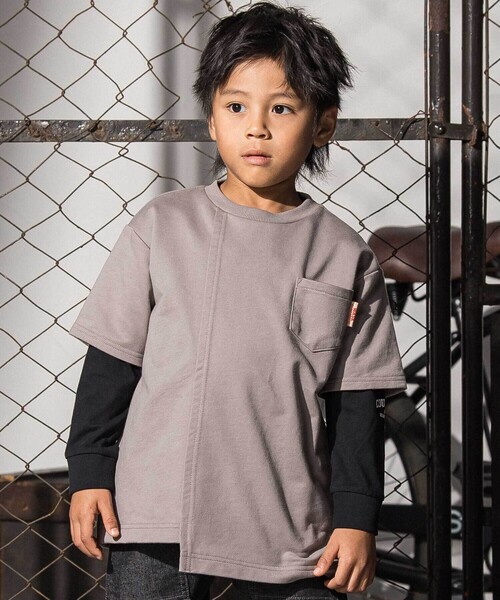WASK(ワスク)の「アシンメトリー重ね着風BIGミニ裏毛&ロングTシャツセット(Tシャツ/カットソー・キッズ・グレー/ブルー・150cm/160cm)」の2枚目の写真