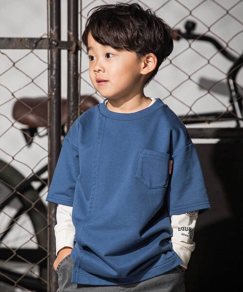 WASK(ワスク)の「アシンメトリー重ね着風BIGミニ裏毛&ロングTシャツセット(Tシャツ/カットソー・キッズ・グレー/ブルー・150cm/160cm)」の1枚目の写真