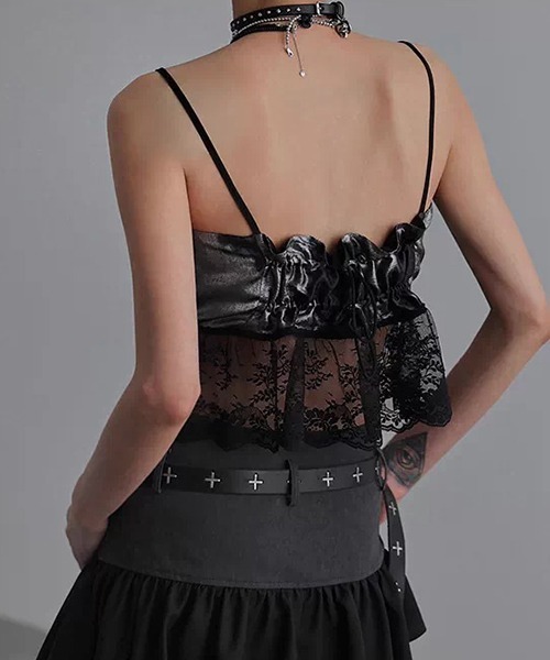 chuclla（チュクラ）の「【CHENTAITAI】レースヘム ギャザーキャミソール CTW26s010（キャミソール・レディース・ライトグレー/ブラック・M）」の5枚目の写真