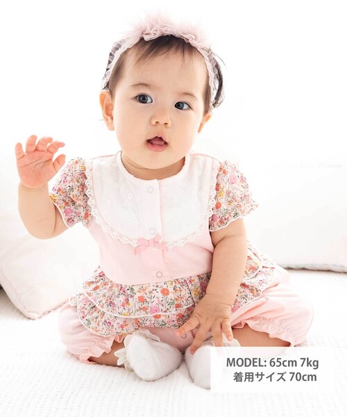 fillot de bebe reduction（フィヨデュベベルダクティオン）の「【お揃い】リバティプリント異素材ミックスカバーオール(70~80cm)（ロンパース・キッズ・イエロー系その他/ピンク系その他・80ｃｍ/70cm）」の3枚目の写真