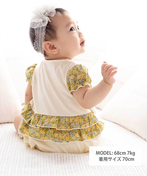 fillot de bebe reduction（フィヨデュベベルダクティオン）の「【お揃い】リバティプリント異素材ミックスカバーオール(70~80cm)（ロンパース・キッズ・イエロー系その他/ピンク系その他・80ｃｍ/70cm）」の4枚目の写真