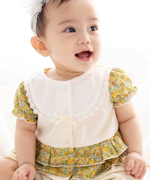 fillot de bebe reduction（フィヨデュベベルダクティオン）の「【お揃い】リバティプリント異素材ミックスカバーオール(70~80cm)（ロンパース・キッズ・イエロー系その他/ピンク系その他・80ｃｍ/70cm）」の5枚目の写真