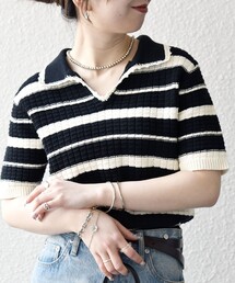 SHIPS any:〈手洗い可能〉バスケット編み 配色 マルチボーダー ポロ ニット