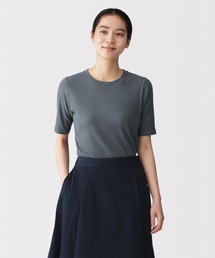 婦人 なめらかリブ編みクルーネック五分袖Ｔシャツ