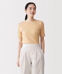 婦人 なめらかリブ編みクルーネック五分袖Tシャツ