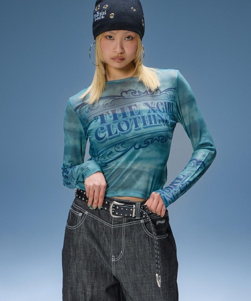 X-girl(エックスガール)の「BAGGY DENIM PANTS(デニムパンツ・レディース・ライトインディゴブルー/ブラック・S/M)」の3枚目の写真