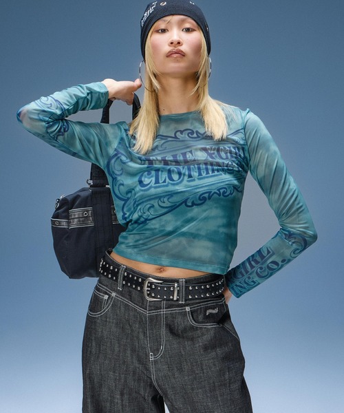 X-girl(エックスガール)の「BAGGY DENIM PANTS(デニムパンツ・レディース・ライトインディゴブルー/ブラック・S/M)」の4枚目の写真