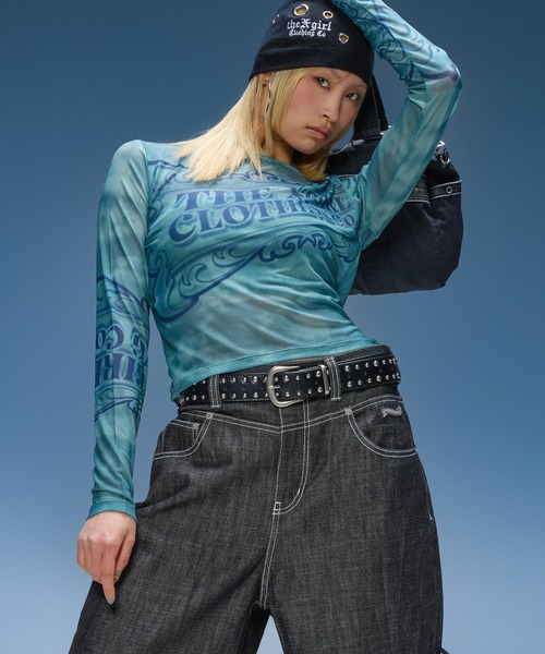 X-girl(エックスガール)の「BAGGY DENIM PANTS(デニムパンツ・レディース・ライトインディゴブルー/ブラック・S/M)」の6枚目の写真