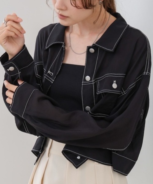 Bab（バブ）の「シアーシャツブルゾン（その他アウター・レディース・チャコールグレー/オフホワイト/ブラック・FREE）」の2枚目の写真