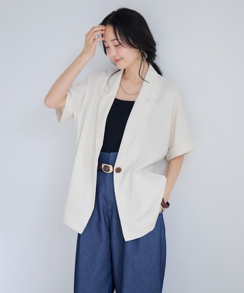 VIS（ビス）の「Light Airyシングルドルマンサマージャケット/UVケア・接触冷感・吸水速乾（テーラードジャケット・レディース・ブラック/キナリ/グリーン系その他2・FREE）」の2枚目の写真