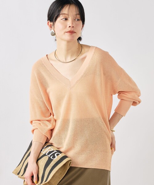 NOLLEY’S Sophi(ノーリーズソフィ)の「《手洗い可能》ペーパー混深V片畦プルオーバー(ニット/セーター・レディース・ミント/オレンジ/オフホワイト・38)」の3枚目の写真