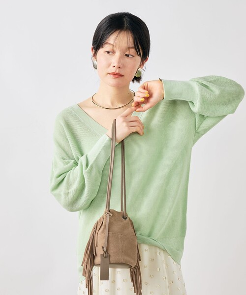 NOLLEY’S Sophi(ノーリーズソフィ)の「《手洗い可能》ペーパー混深V片畦プルオーバー(ニット/セーター・レディース・ミント/オレンジ/オフホワイト・38)」の1枚目の写真