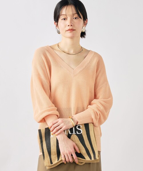 NOLLEY’S Sophi(ノーリーズソフィ)の「《手洗い可能》ペーパー混深V片畦プルオーバー(ニット/セーター・レディース・ミント/オレンジ/オフホワイト・38)」の8枚目の写真