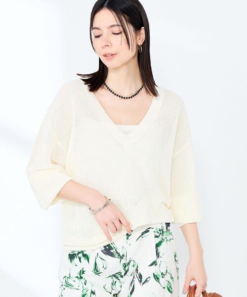 NOLLEY’S Sophi(ノーリーズソフィ)の「《手洗い可能》ペーパー混深V片畦プルオーバー(ニット/セーター・レディース・ミント/オレンジ/オフホワイト・38)」の17枚目の写真