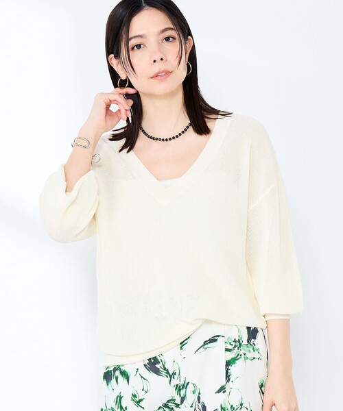 NOLLEY’S Sophi(ノーリーズソフィ)の「《手洗い可能》ペーパー混深V片畦プルオーバー(ニット/セーター・レディース・ミント/オレンジ/オフホワイト・38)」の20枚目の写真