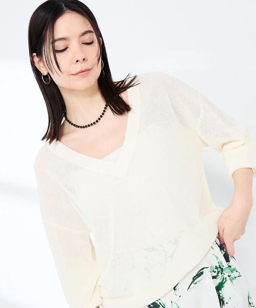 NOLLEY’S Sophi(ノーリーズソフィ)の「《手洗い可能》ペーパー混深V片畦プルオーバー(ニット/セーター・レディース・ミント/オレンジ/オフホワイト・38)」の21枚目の写真