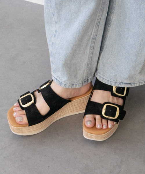 inter-chaussures(インターショシュール)の「【Oh my Sandals】ダブルバックル厚底ウエッジサンダル(E62500)(サンダル・レディース・ベージュ/ブラック・37/36/38/39)」の1枚目の写真