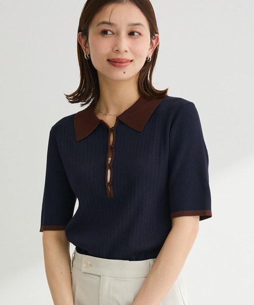 ETRO エトロ ニットポロ ニット ポロシャツ グリーン イエロー バイカラー スカラップ衿・バイカラーポロニット/DoCLASSE