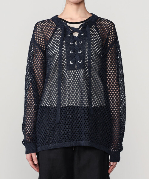 ADAWAS(アダワズ)の「ADAWAS | メッシュ レースアップトップス WOMEN(ニット/セーター・レディース・ベージュ/ダークブルー・ONE)」の14枚目の写真