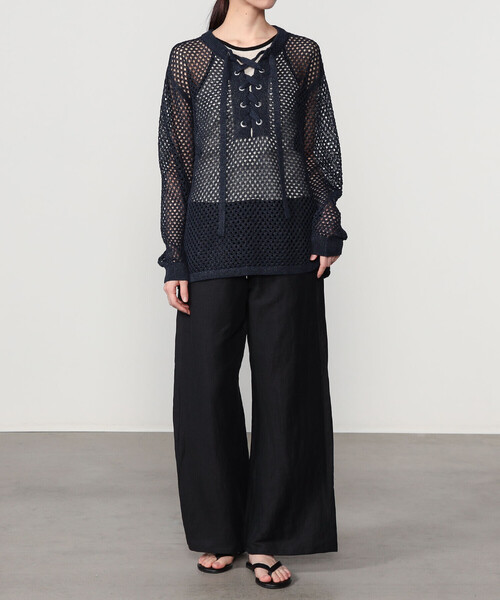 ADAWAS(アダワズ)の「ADAWAS | メッシュ レースアップトップス WOMEN(ニット/セーター・レディース・ベージュ/ダークブルー・ONE)」の12枚目の写真