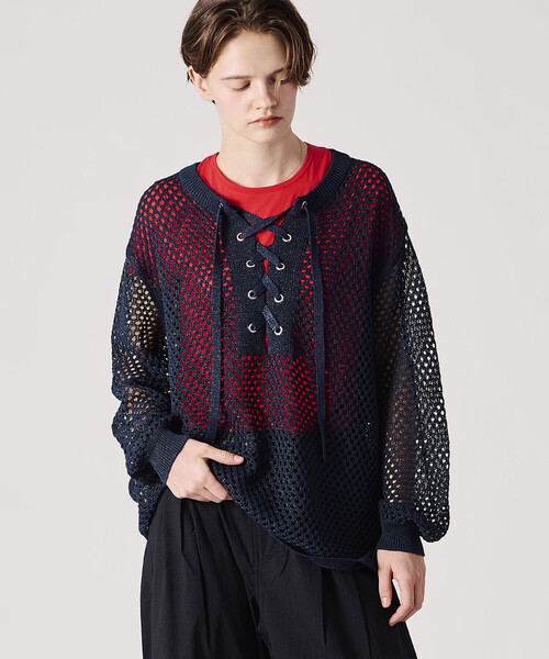 ADAWAS(アダワズ)の「ADAWAS | メッシュ レースアップトップス WOMEN(ニット/セーター・レディース・ベージュ/ダークブルー・ONE)」の6枚目の写真