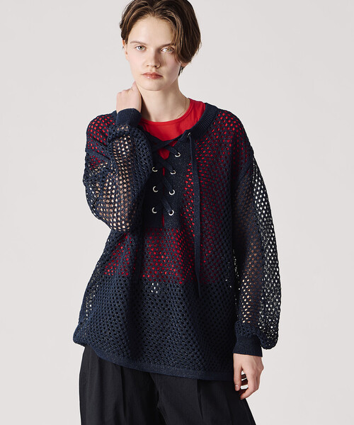 ADAWAS(アダワズ)の「ADAWAS | メッシュ レースアップトップス WOMEN(ニット/セーター・レディース・ベージュ/ダークブルー・ONE)」の7枚目の写真