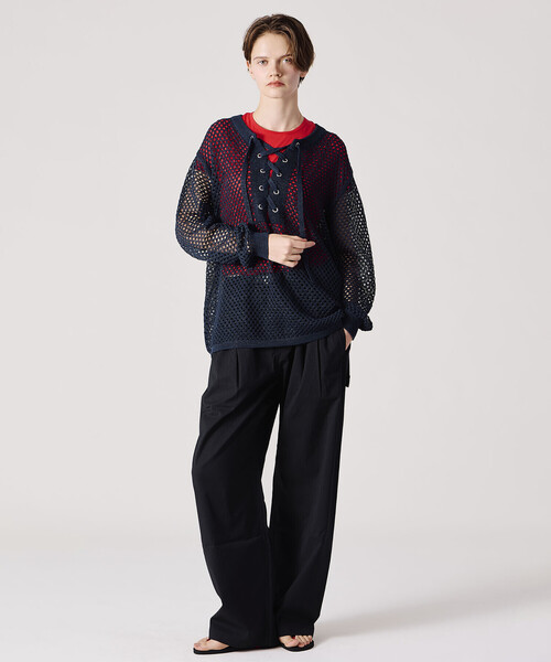 ADAWAS(アダワズ)の「ADAWAS | メッシュ レースアップトップス WOMEN(ニット/セーター・レディース・ベージュ/ダークブルー・ONE)」の5枚目の写真