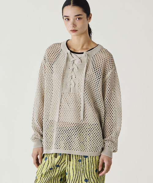 ADAWAS(アダワズ)の「ADAWAS | メッシュ レースアップトップス WOMEN(ニット/セーター・レディース・ベージュ/ダークブルー・ONE)」の10枚目の写真