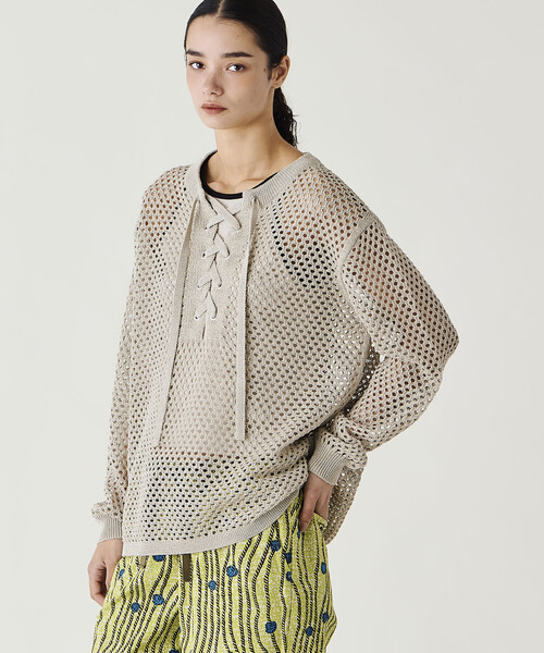 ADAWAS(アダワズ)の「ADAWAS | メッシュ レースアップトップス WOMEN(ニット/セーター・レディース・ベージュ/ダークブルー・ONE)」の11枚目の写真