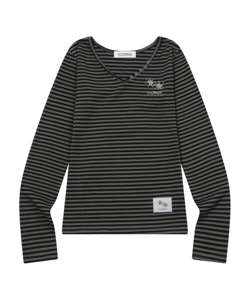 COIRIS(コイリス)の「ロサVネックストライプ長袖Tシャツ(2カラー)(Tシャツ/カットソー・レディース・ホワイト/チャコールグレー×ブラック・FREE)」の2枚目の写真