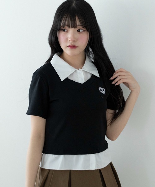 WEGO(ウィゴー)の「WEGO/ワンポイントシャツレイヤードトップ(Tシャツ/カットソー・レディース・ブラック/グレー・FREE)」の6枚目の写真