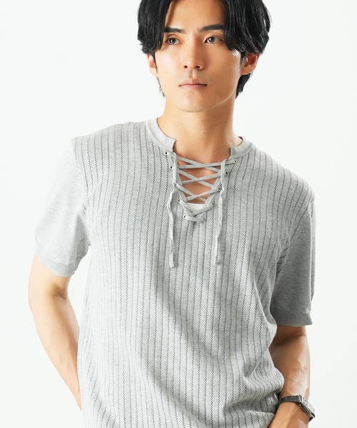 Beno(ビーノ)の「レースアップニットTEE(Tシャツ/カットソー・メンズ・ホワイト/ブラック/グレー・MEDIUM/X-LARGE/LARGE)」の3枚目の写真